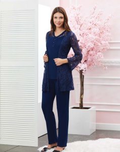 A sophisticated cotton navy pajama set with a rob