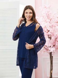 A sophisticated cotton navy pajama set with a rob - Image 2